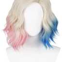 Short Curly Blonde Pink Blue Wave Wig Women's Side Part Costume Wigs Synthetic Hair for Halloween Party