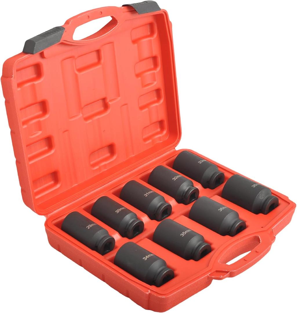 6 Point Deep Impact Socket Set 1/2 Drive, 29-38mm, 9Pcs CR-MO Spindle Metric Axle Hub Nut Socket with Heavy Duty Portable Storage Case for Removing & Installing Axle Nuts