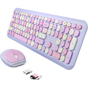 Wireless Keyboard and Mouse Combo, Colorful Ergonomic Full Size Retro Low-Noise Keyboard with Cute keycaps, Compatible with Windows, PC, Perfer for Home and Office Keyboards (Purple)
