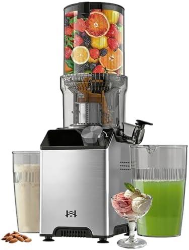WHUTO Cold Press Juicer, Wide Feed Chute Juicer Machines, Stainless Steel Slow Masticating Juicers Easy to Clean, Vegetables & Fruits Juice Extractor, High Juice Yield, Gray Knob