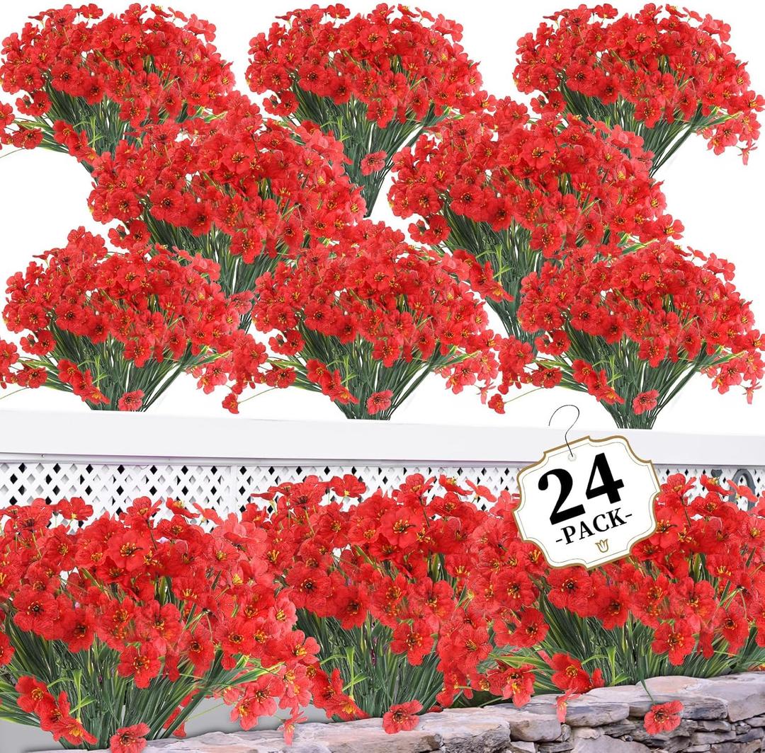 24 Red Bundles Artificial Flowers for Outdoors/Indoors Fake Flowers Plants for Indoor Outside Garden Porch Window Box Home Wedding Farmhouse