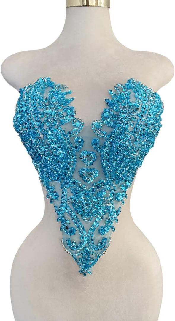 Zbroh Handmade Bodice Rhinestones Applique Sewing Glass Beads Stones Crystal Trim Lace Patches for Dress Clothing Accessories 13X18inches (Sky Blue)