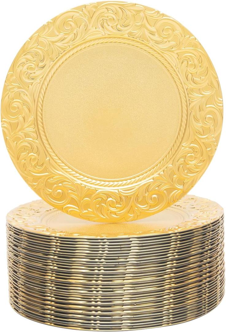 100 Pcs Gold Round Charger Plates Bulk, 13 Inch Antique Charger Plate Set Plastic Embossed Dinner Plate Reusable Plates for Table Setting Wedding Party, Gold 