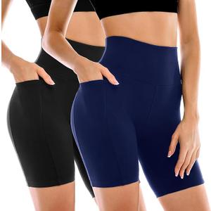 2 Pack Womens Biker Shorts with Pockets, High Waisted Yoga Shorts for Women Running Gym and Workout, L/XL