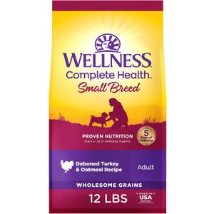 Wellness Complete Health Small Breed Adult Dry Dog Food, Wholesome Grain Kibble, Natural, Turkey and Oatmeal Recipe, 12 lb Bag