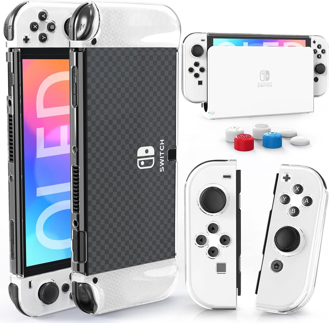 HEYSTOP Switch OLED Case for Nintendo Switch OLED Model, Dockable Cover Hard PC Protector Case for Switch OLED Grips and Accessories with Thumb Stick Caps 