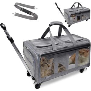 GJEASE Cat Rolling Carrier for 2 Cats,Double-Compartment Pet Rolling Carrier with Wheels for 2 Pets,for Up to 35 LBS,Super Ventilated Design, Ideal for Traveling/Hiking/Camping