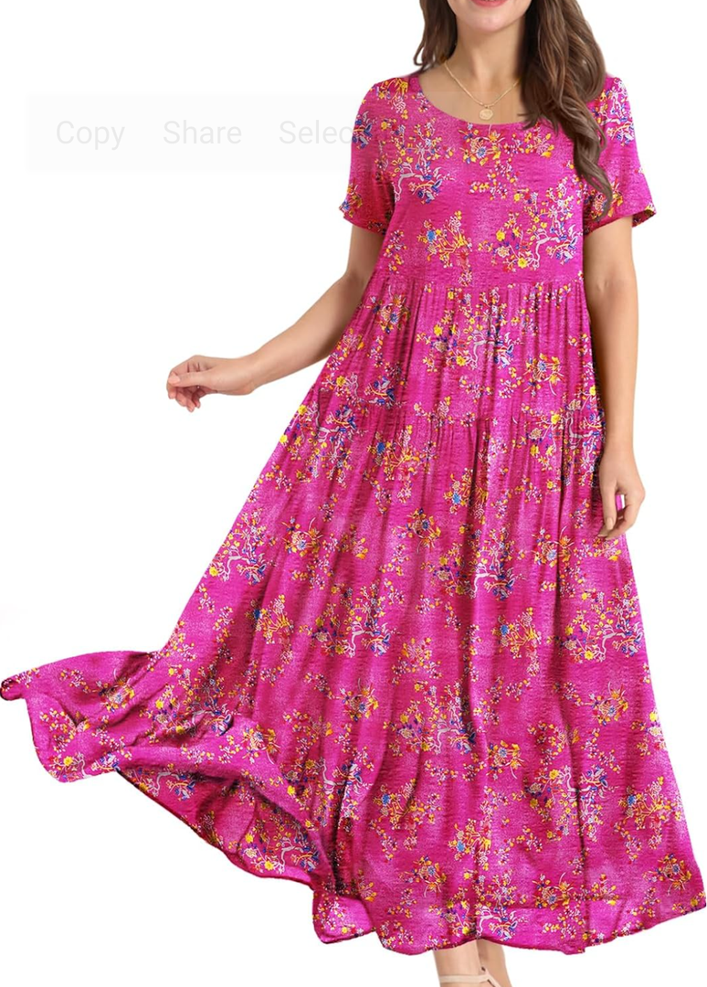 YESNO Women Casual Loose Bohemian Floral Dress with Pockets Short Sleeve Long Maxi Summer Beach Swing Dress EJF, L