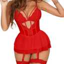 CRIPOM Women's Lingerie Dress Sexy Babydoll Lingerie for Women Hide Fat Belly Corset Bodysuit with Garter Red M