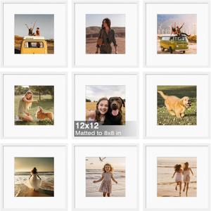 KINLINK 12x12 Frame Set of 9, 12 by 12 Square Picture Frames with Plexiglass for Picture 8x8 with Mat or 12x12 without Mat Art Collage for Wall Gallery and Tabletop Display, 12 x 12 Frame White