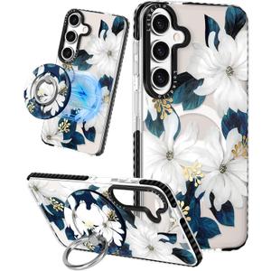 Lotadilo Cute Case for Samsung Galaxy A16 for Women Girls - Funny Blue Flower Design Compatible with Magsafe Magnetic Ring Holder Kickstand Fashion TPU Phone Covers