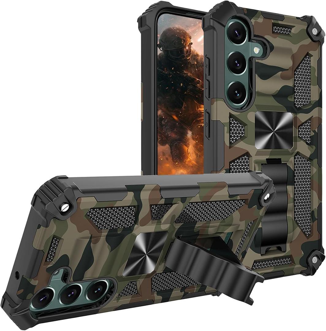 for Samsung Galaxy S25 / Galaxy S24 Camouflage Case with Kickstand, Rugged Shockproof Military Protective Cover with Metal Patch for Galaxy S25 / S24 - MC Army Green
