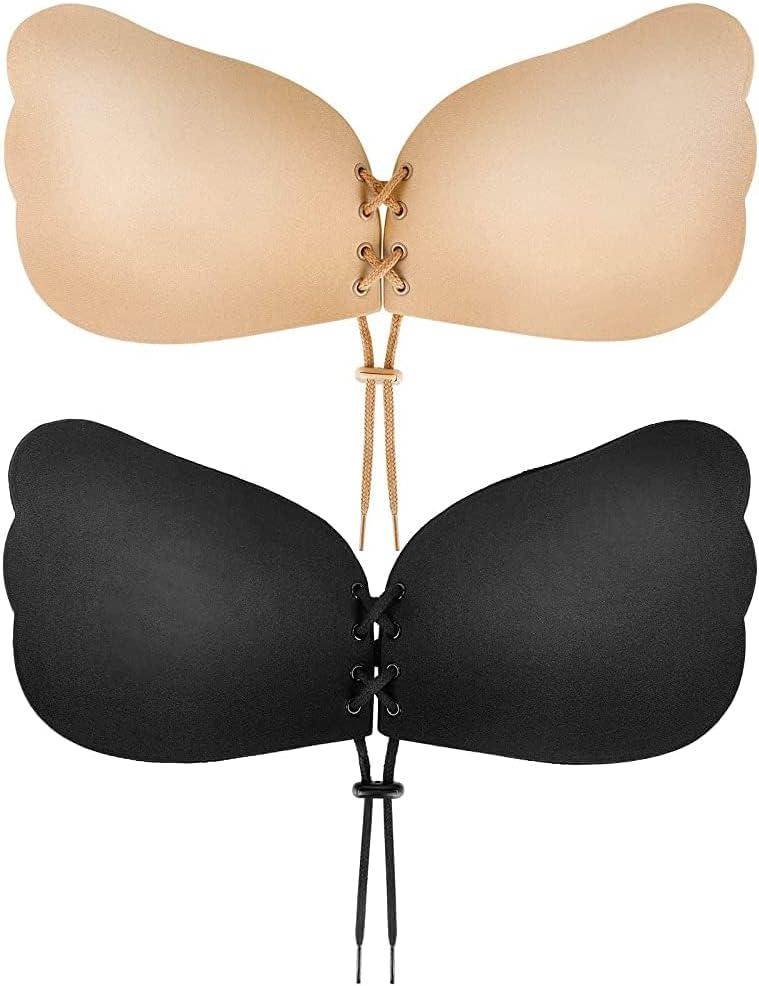 Cmojsk Sticky Bra, Backless Strapless Bra Push Up, Adhesive Invisible Lift Up Bras 2 Pairs Black/Beige