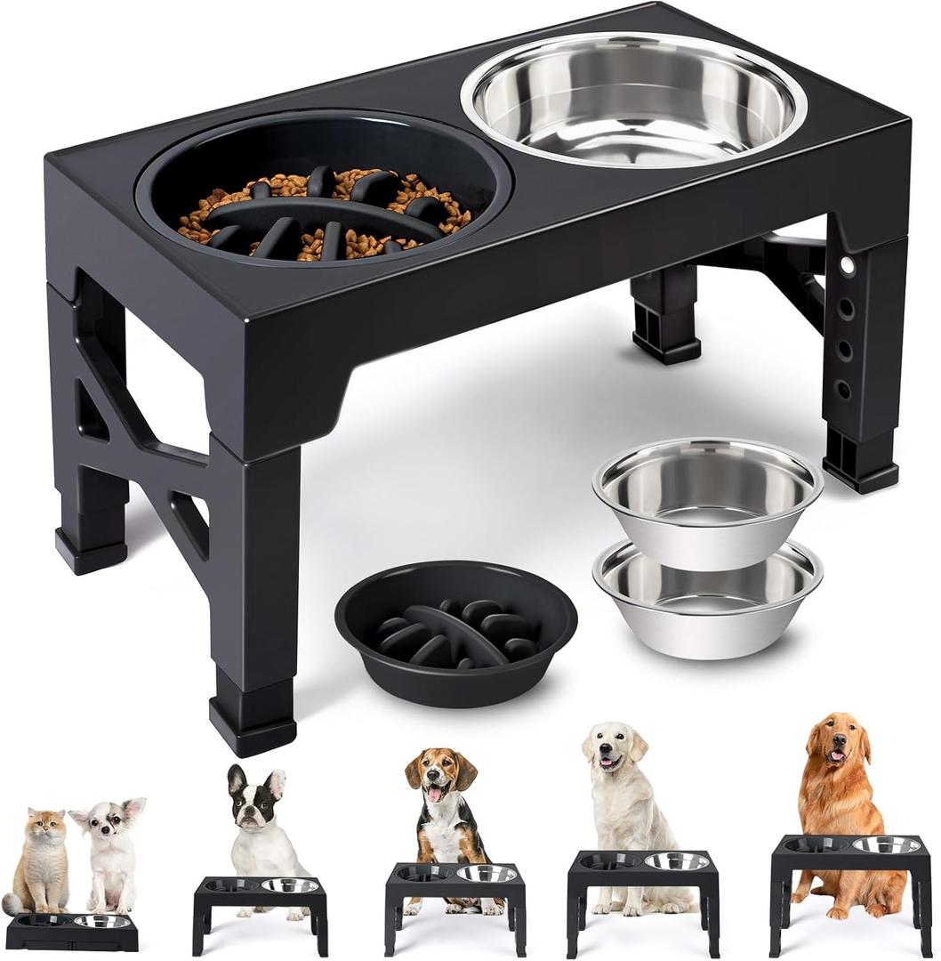 Heeyoo Elevated Dog Bowls - 5 Adjustable Heights Stand, 2 Stainless Steel Bowls & 1 Slow Feeder, 3.2" to 12.2" for Small to Large Dogs (Black)