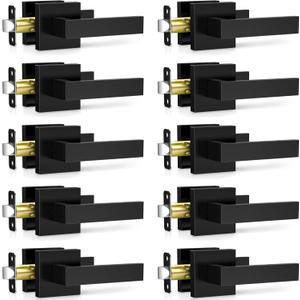 Plustool 10 Pack Matte Black Door Handles Interior, Passage Door Knobs Closet Door Levers for Hallway, Heavy Duty Square Doorknob Non-Locking Handlesets for Left & Right Sided Doors