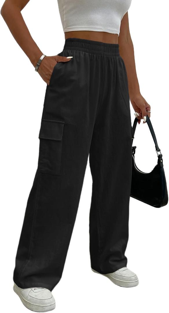 Cargo Linen Pants for Women Summer Wide Leg Palazzo Beach Pants Lightweight Women's Casual Pants with Pocket (X-Large, Black)