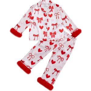 Twopumpkin Toddler Girl Boy Halloween Satin Silk Pajamas Button Down 2 Piece Pajama Set Little Kids Girls Pjs Nightgown (5-6 Years, Valentines Love Heart Bow Red)