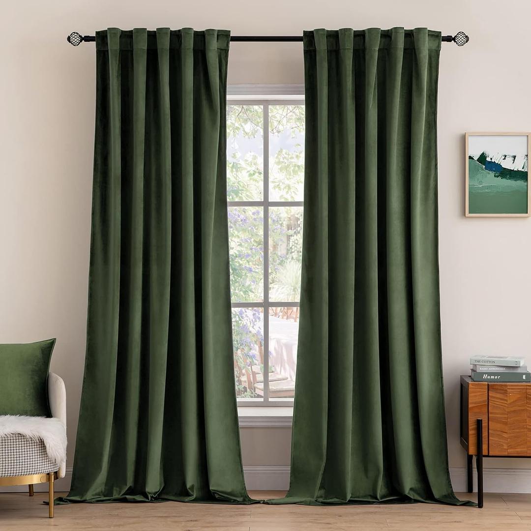 MIULEE Velvet Curtains 63 inch Length 2 Panels - Luxury Blackout Curtains for Bedroom Living Room Thermal Insulated Super Soft Window Drapes Back Tab, Olive Green, W52 x L63 inches