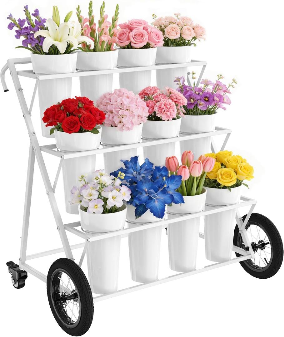 VGMiu Flower Display Stand with 12 Buckets,3 Layers Metal Flower Cart with Large Wheels, Moving Florist Bouquet Shelf for Indoor Outdoor Patio Garden Wedding Florist, White