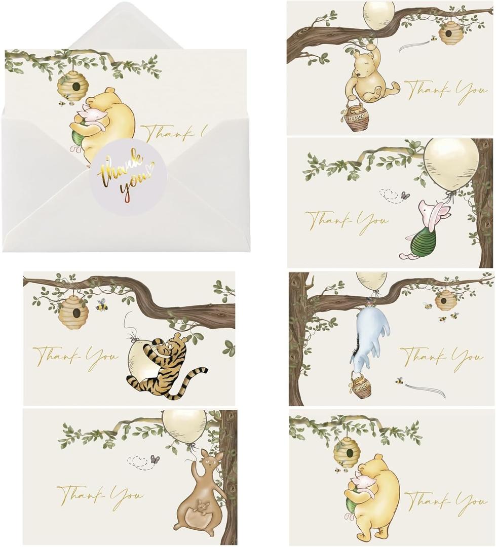 48Pack Cute Winnie Thank You Cards with Envelopes & Stickers Blank Inside Greeting Cards for Pooh Baby Shower Decorations Birthday Friendsgiving Favor