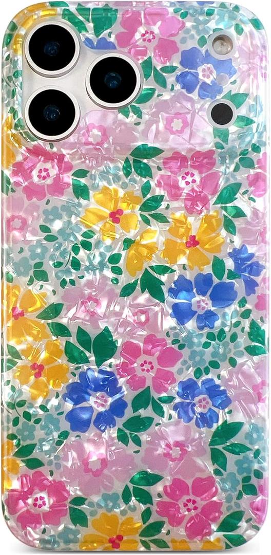 Qokey for iPhone 17 Pro Case 6.3" - Glitter Pearly Pastel Flowers Seashell for Women, Soft Bumper Lightweight Slim Fit TPU Non-Yellowing Shockproof Phone Cover, Powder Blue Floral