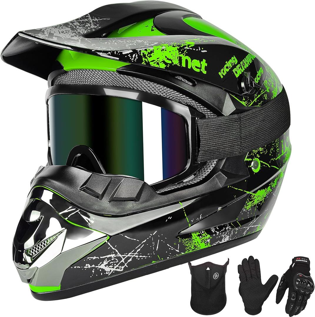 Youth Kids Motocross Helmet Full Face Motorcycle Dirt Bike Off-Road Mountain Bike BMX MX ATV Helmet with(Gloves Goggles Mask) 4Pcs Set - DOT Approved (Green, M)