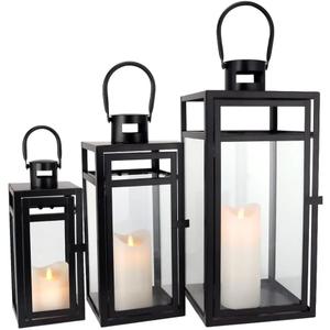 Hanging Decorative Black Iron Lanterns Set of 3 - Assorted Sizes- with Tempered Glass (Candles not Included) Rust Resistant - Indoor and Outside