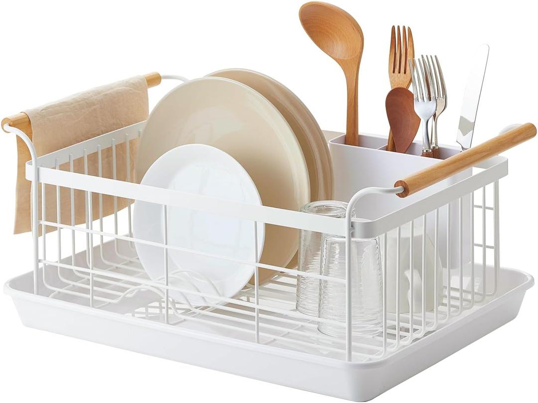YAMAZAKI Home Dish Drying Rack Modern White Dish Rack for Kitchen Counter with Removable Drainer Tray and Cutlery Holder, Steel + Wood Dish Drying Organizer - Steel + Wood -