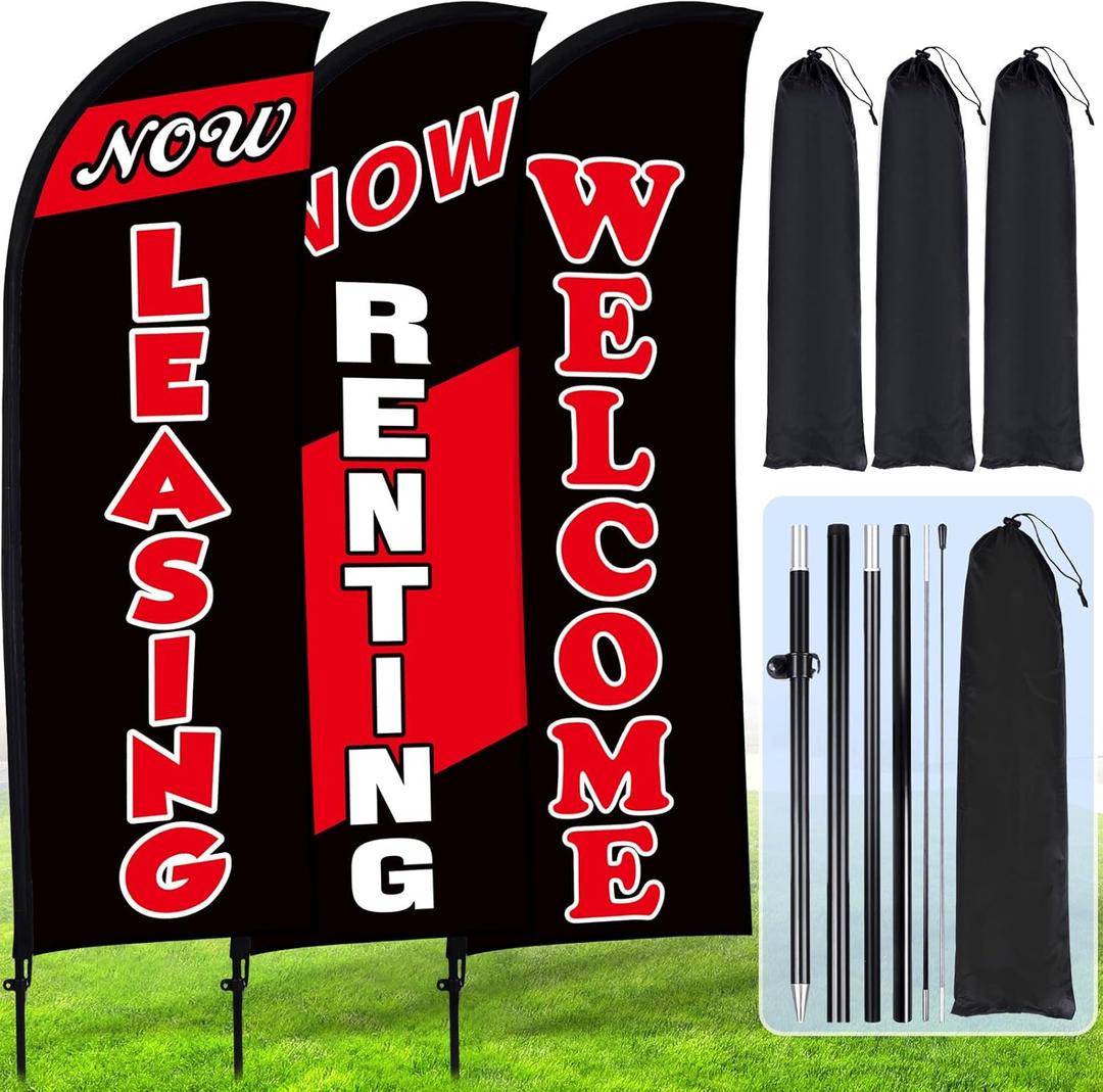 Buryeah 3 Set Feather Flag Kit Now Leasing Now Renting Welcome Swooper Flag with Pole Ground Stake and Bag 7 ft Leasing Sign for Advertising Renting Welcome Banner for Outside Ground (Black) Buryeah 3 Set Feather Flag Kit Now Leasing Now Renting Welcome Swooper Flag with Pole Ground Stake and Bag 7 ft Leasing Sign for Advertising Renting Welcome Banner for Outside Ground (Black)