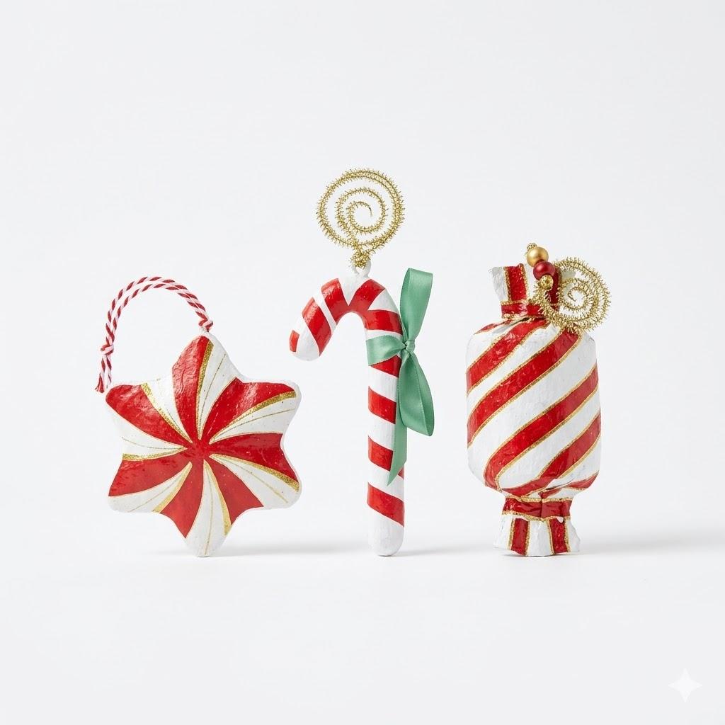 Vintage Christmas Tree Decorations Set of 3 Rustic Distressed Xmas Ornaments Red&White Hanging Decor for Indoor&Outdoor Window Mantel Wall Farmhouse Holidays Display Gift Star Candy Crutch