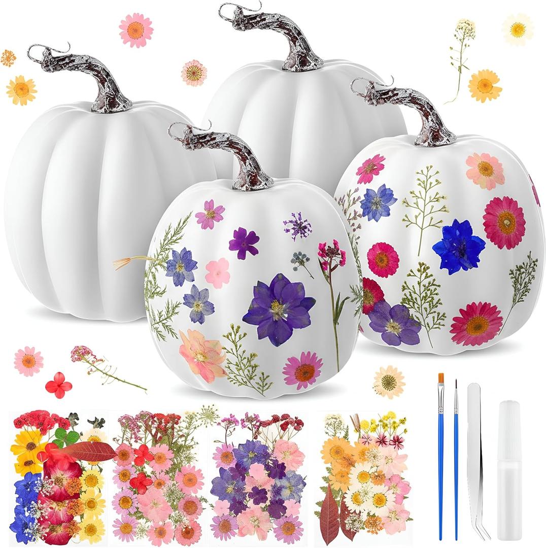 Leinuosen 104pcs 6.3'' Large DIY Fall Foam Pumpkin Craft Kit 4pcs White Foam Artificial Pumpkins Art and 100pcs Dried Flower for Girl Night Craft Fall Club Activity Thanksgiving Decor(Colored Flowers)