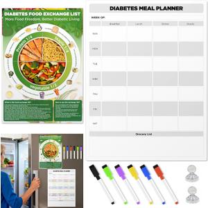 OUTXE Beginner-Friendly Diabetes Food List and Meal Planner, Laminated Diabetic Food Guide Chart | Healthy Mediterranean Diet | Low Carb | Glycemic Index for Pre Type 1 2 (Magnetic Food Planner Set)