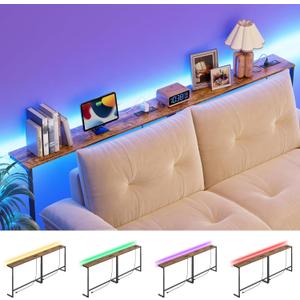 78.8 Inch Narrow Console Table with 2 Power Outlets and LED Lights | Skinny Sofa Table Behind Couch, Long Entryway Table Adjustable Height (25.8"-34.8"), for Living Room, Rustic Brown