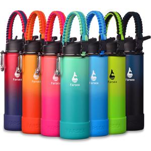 Farsea Insulated Water Bottle With Paracord Handle, Protective Silicone Boot and 2 Lids (Straw Lid & Spout Lid), Stainless Steel Water Bottle Wide Mouth, Double Wall Sweat-Proof BPA-Free, 24 oz (Mint/Green)