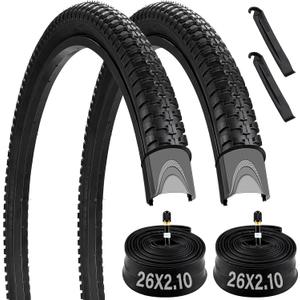 26" Bike Tire, 2 Pack 26x2.10 Mountain Bike Tires with Schrader Valve, 26x2.10 Bike Tire and Tube with 2 Tire Levers, Folding Off Road Bike Tire for 26 x 1.95/2.0/2.1/2.125 Bicycle Tires and Tubes