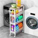 Utility Slim Storage Cart, 4 Tier Small Rolling Kitchen Laundry Room Cart with Wood Top, Metal Bathroom Storage Cabinet Mobile Shelf Unit Organizer Trolley with Handle for Narrow Space (7.1 inch wide, White)