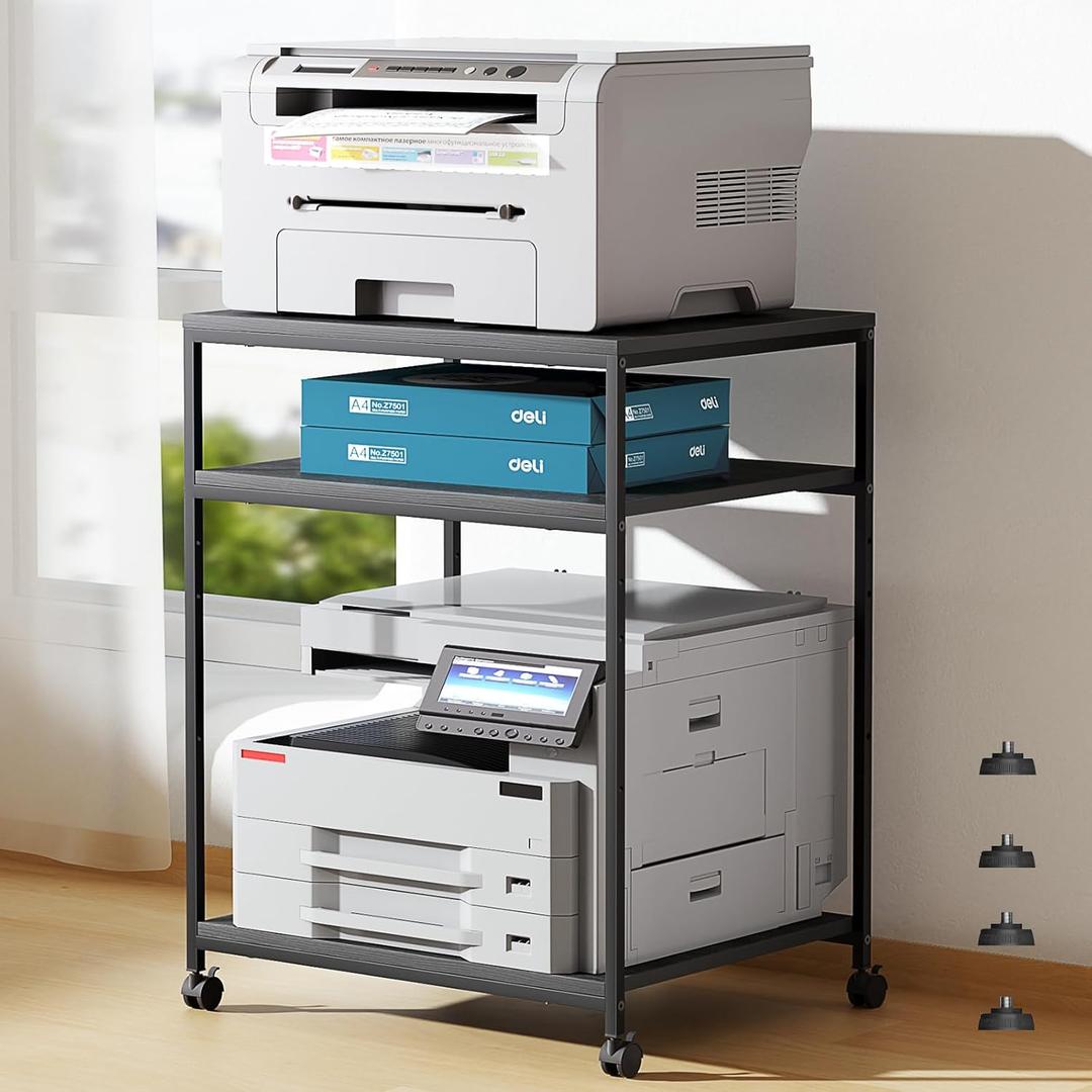 Large Printer Stand, 3 Tier Printer Table with Adjustable Storage Shelf, Rolling Printer Cart with Wheels for Home Office Shredder Scanner Fax (Black)