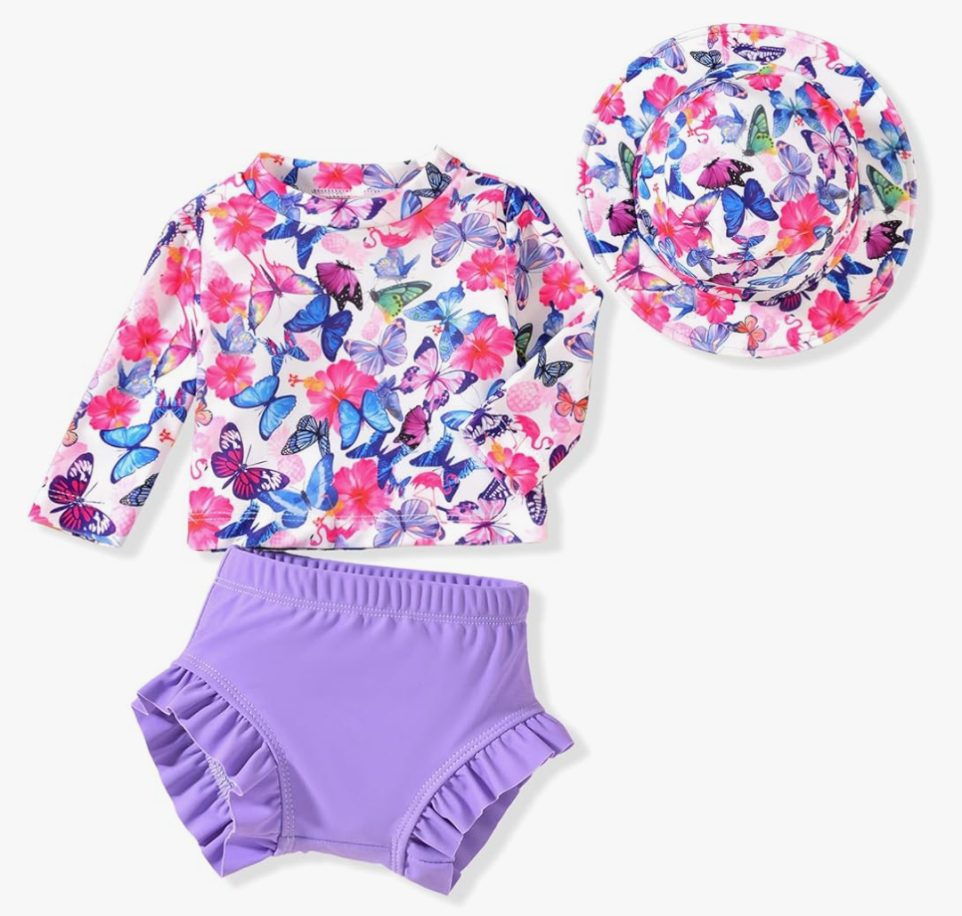 HINTINA Newborn Baby Girl Long Sleeve Swimsuit Bathing Suit with Hat, 0-3 months (60 cm)