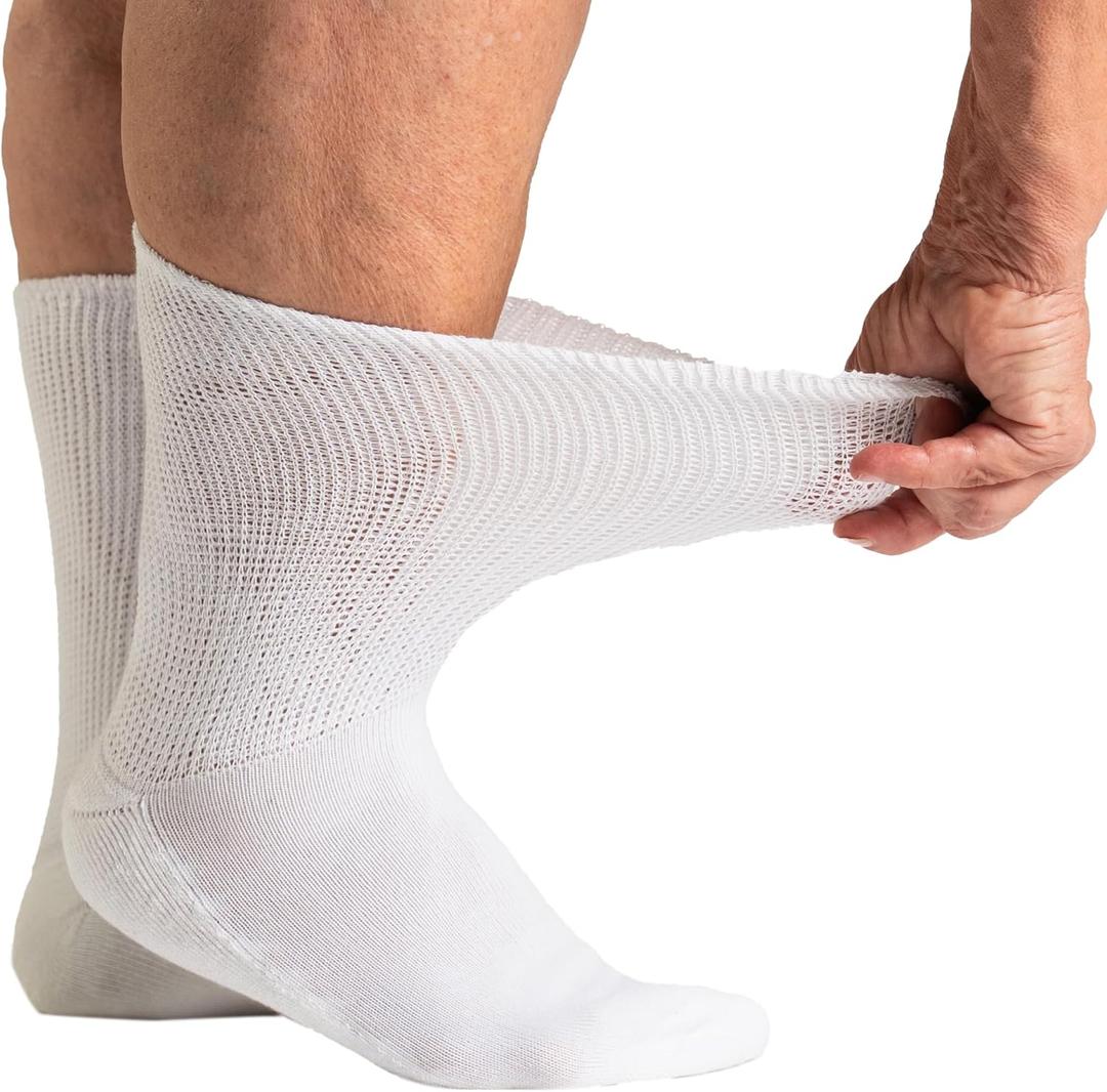 Viasox EasyStretch Diabetic Crew Socks for Men & Women, Non Binding Neuropathy Socks (Large, White)