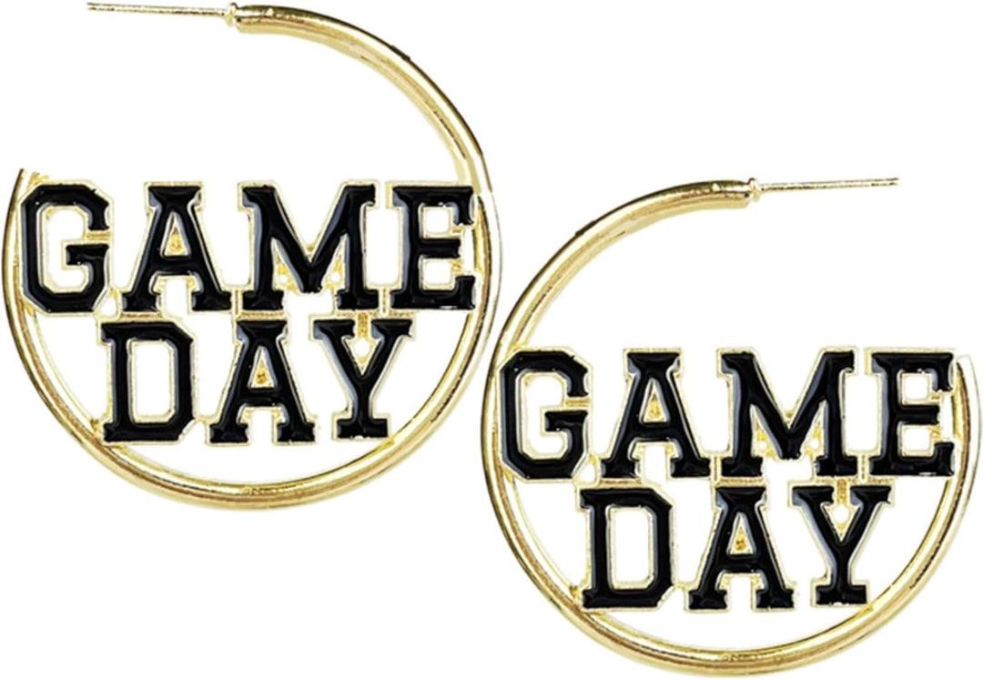 Game Day Hoop Earrings Football Team Sports Fan Earrings for Women (Black)