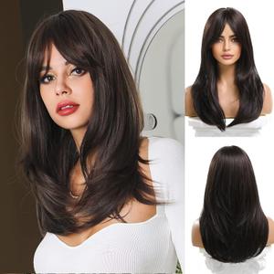 Esmee 20 Inches Long Straight Dark Brown Layered Synthetic Hair Wigs for Women with Bangs for Daily Party Use