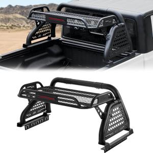 JOYTUTUS Roll Bar with Cargo Basket & Brake Light for Mid-Size Truck, Extendable Chase Rack Pickup Sports Bar Compatible with Tacoma, Gladiator JT