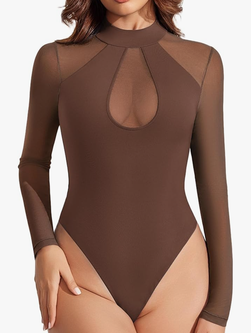 Avidlove Long Sleeve Bodysuits for Women Mesh Bodysuit Top Mock Neck Thong Body Suit Going Out Tops, XL