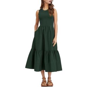 ROYLAMP Women Casual Loose Sundress Sleeveless Smocked Tank Maxi Dress Summer Beach Tiered Long Dresses M
