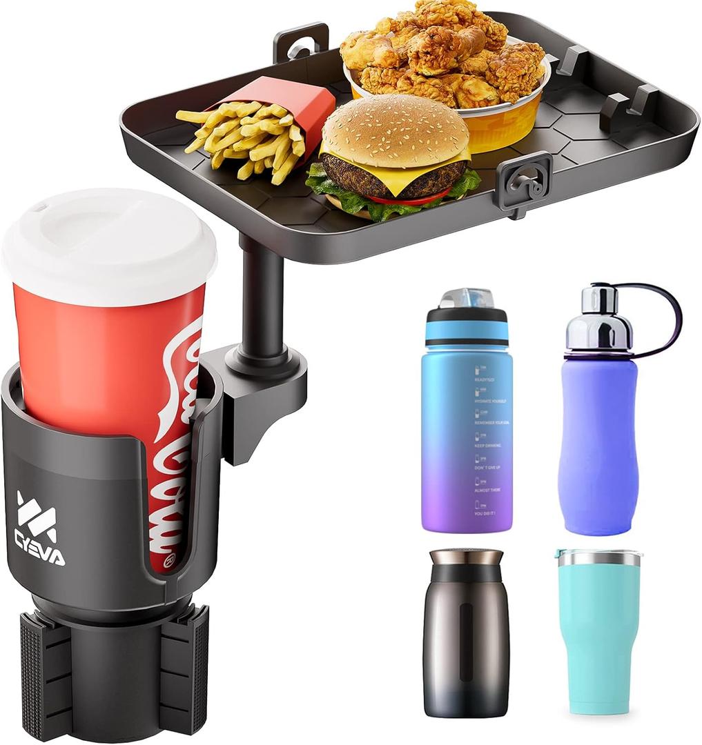 Car Cup Holder Tray, 2 in 1 Cup Drink Holder Expander with Detachable Food Tray, 360 Rotatable Car Tray for Travel Road Essentials, Compatible with Yeti 20/26/30oz Hydro Flasks