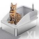 Stainless Steel Litter Box, Extra Large Litter Boxes for Big Cats, XL Metal Cat Litter Box with Lid, Anti-Urine Leakage, Non-Sticky, Include Cat Mat and Litter Scoop
