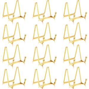 Kenning 12 Pieces Gold Plate Holder Easel Display Stand Metal Book Display Stand Tabletop Picture Frame Holder Photo Square Iron Easel Decorative for Kitchen Office Room Tabletop (3 Inch)