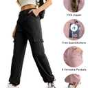 Lepunuo Women's High Waisted Cargo Pants Travel Y2K Streetwear Baggy Stretchy Pants with 6 Pockets Drawstring Ankle Cuffs (Black, M)