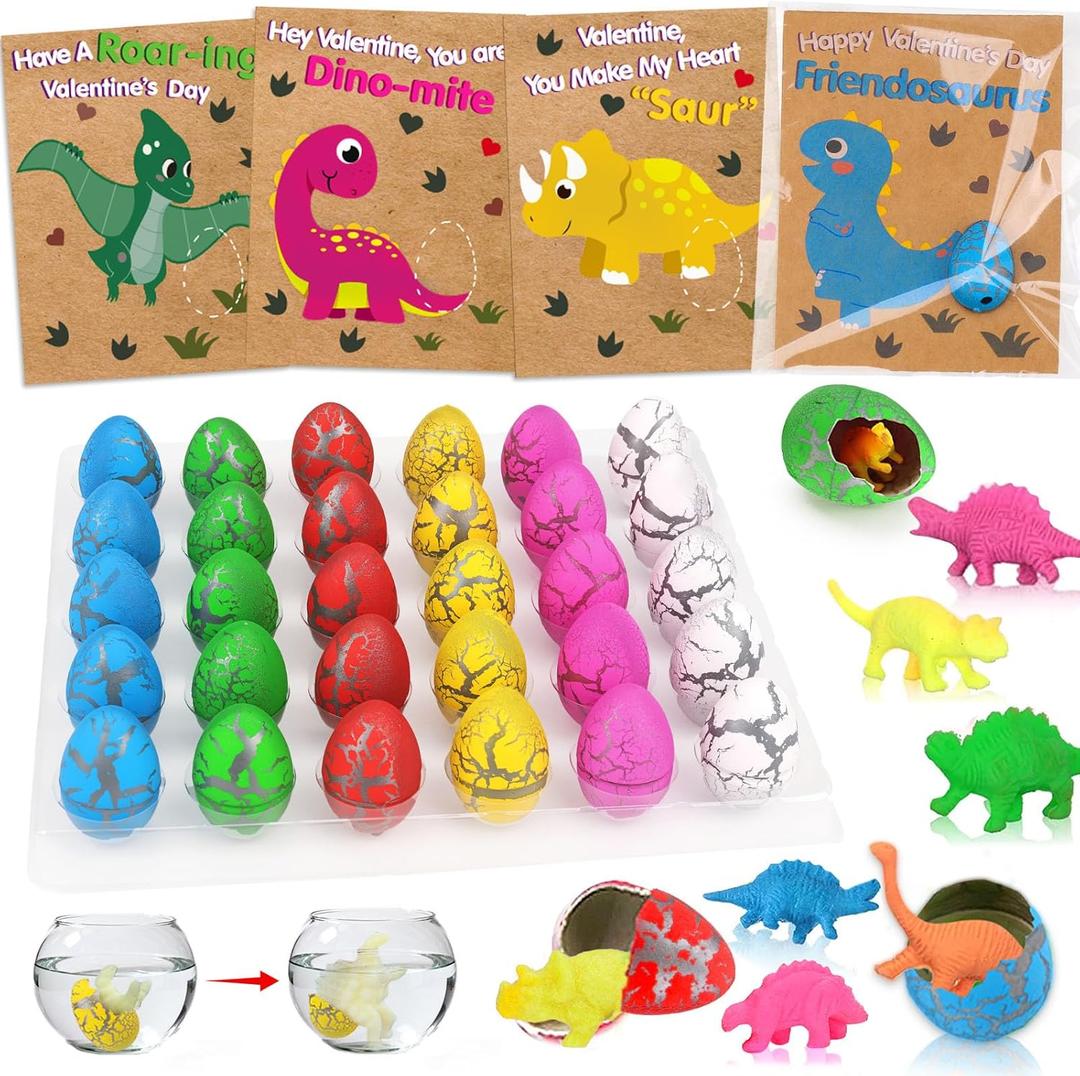 Valentines Day Gifts for Kids - 30 Pack Hatching Dinosaur Egg Card Bulk, Funny Valentines Exchange Cards for Toddler Boys Girls School Classroom Class Student Party Favors Dino Egg Grow In Water