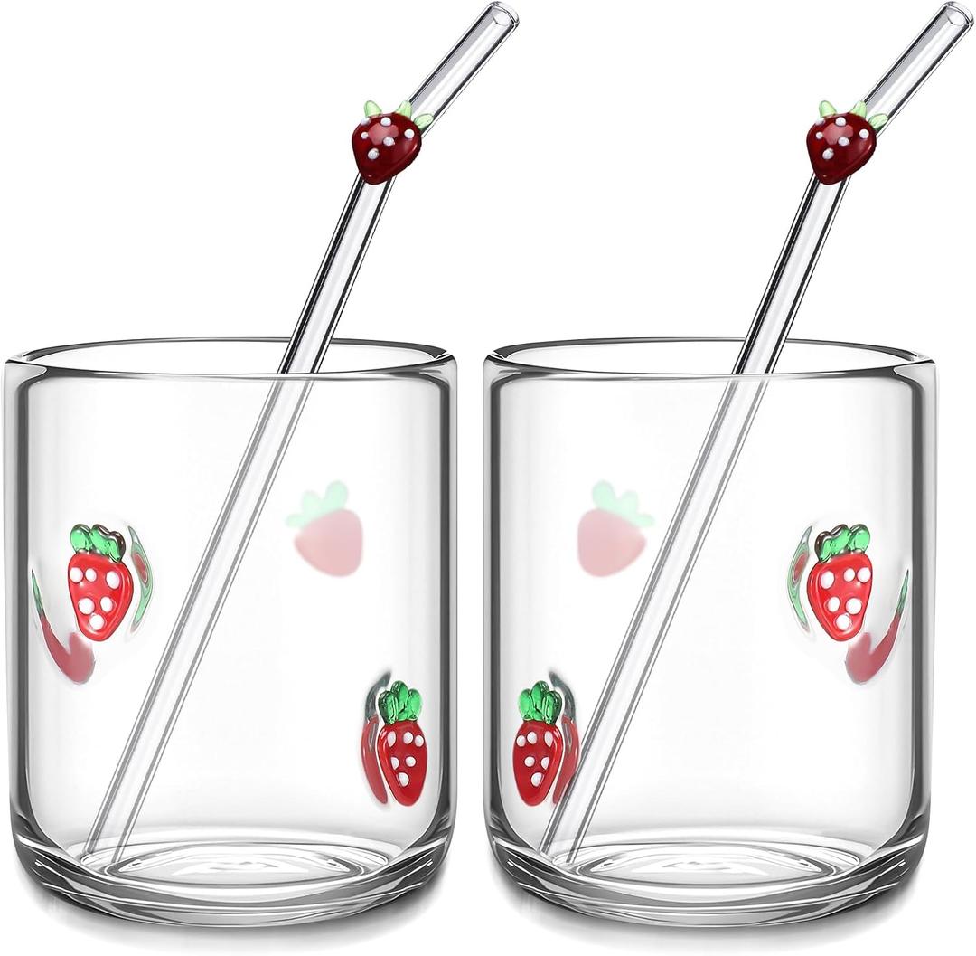Skylety 2 Set Strawberry Icon Juice Glass Cups - Icon Glass Cup with 2 Straw 14 oz Double Old Fashioned Cute Pattern Glassware for Tea, Water, Milk, Coffee, Parties Gifts